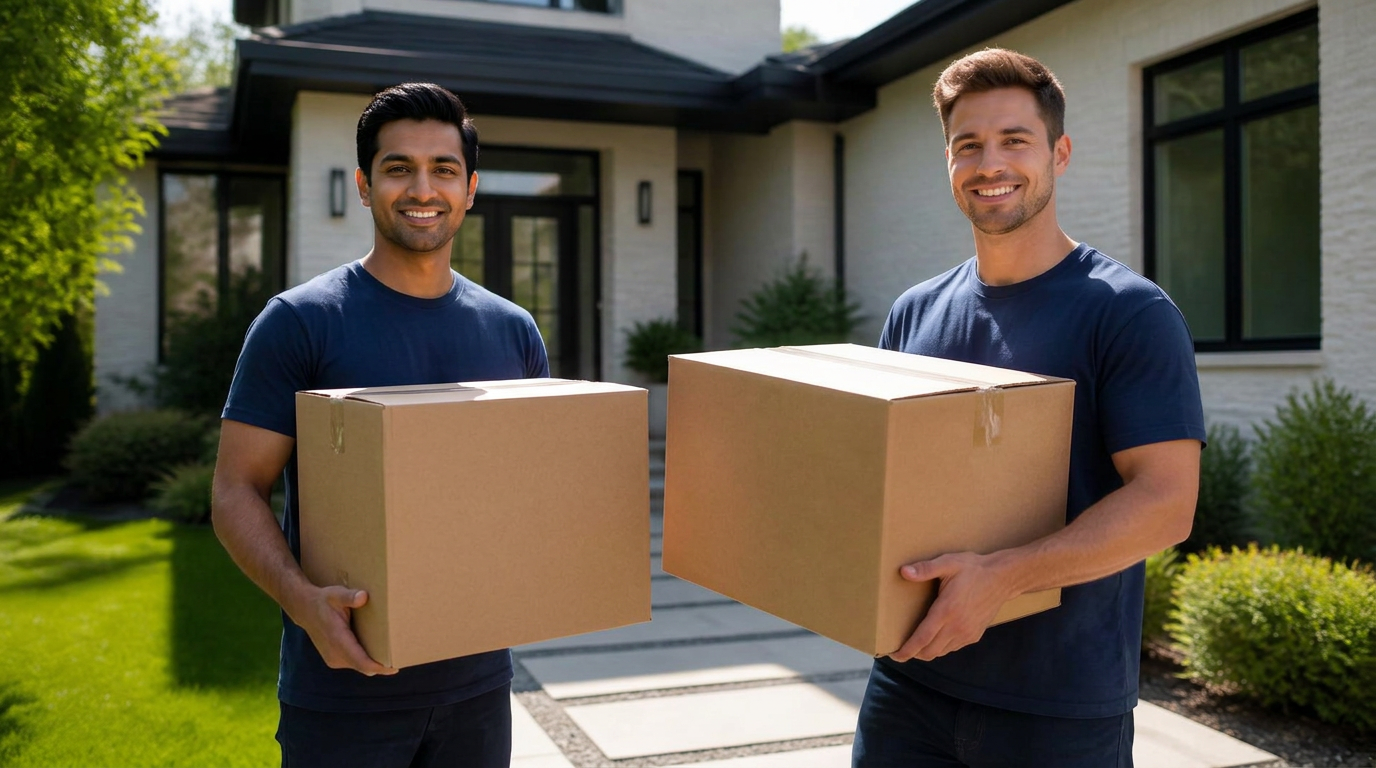 Two Chicago Loaders team members carrying boxes in front of a home